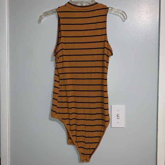 Mustard Yellow/Navy Blue Ribbed High Neck Bodysuit - Picture 2 of 3